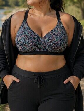 Deese By Penningtons Black Floral Wireless Comfort Active Bra Plus Size Lounge